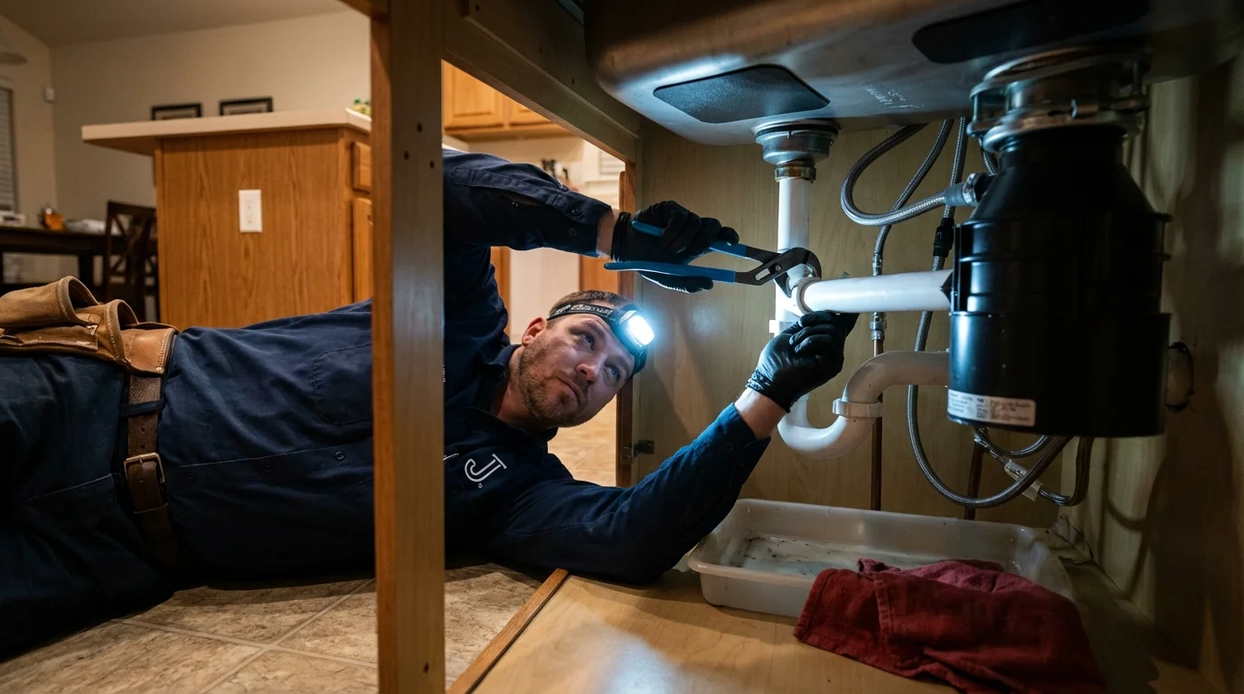 P-trap and supply line connections under a kitchen sink showing a common leak point in Folly Beach, SC